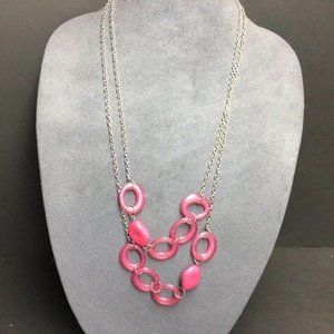 Long Double Strand Necklace Pink Abstract Bead Ring Silver Chain Retro Organic